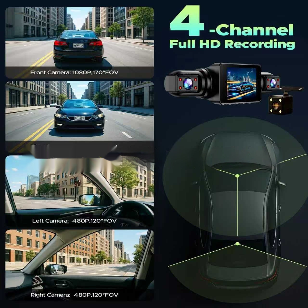 Camera de bord cu 4 obiective Recording IPS HD Dash Cam